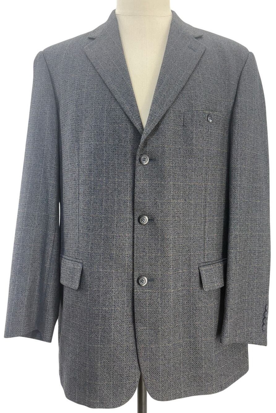 Vintage 90s Pronto Uomo Silk Wool Navy Windowpane Sport Coat 46R Italy